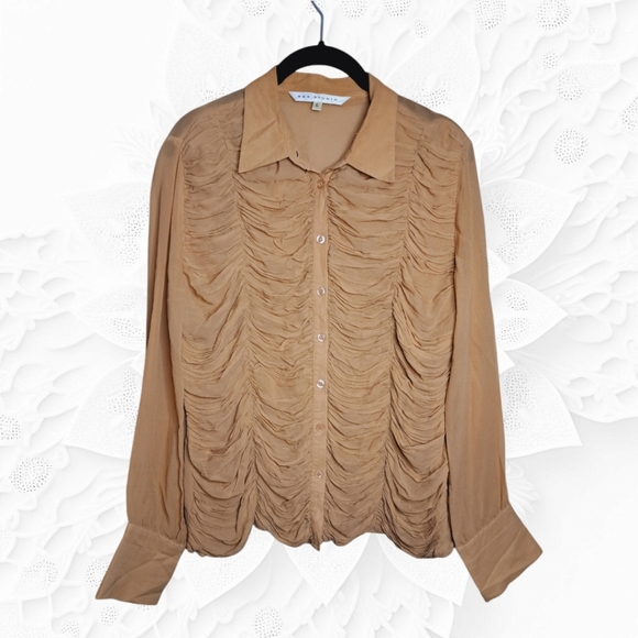 Max Studio Tan Front Pleated Long Sleeve Button Down Blouse - Picture 1 of 2